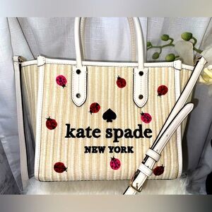 Kate Spade Ella Small Embroidered Straw Ladybug Tote Crossbody Bag Handbag